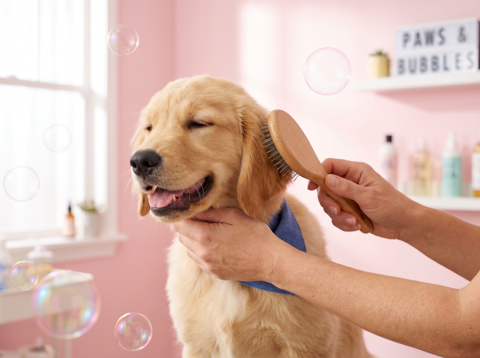 Golden retriever puppy getting gently brushed by a professional groomer