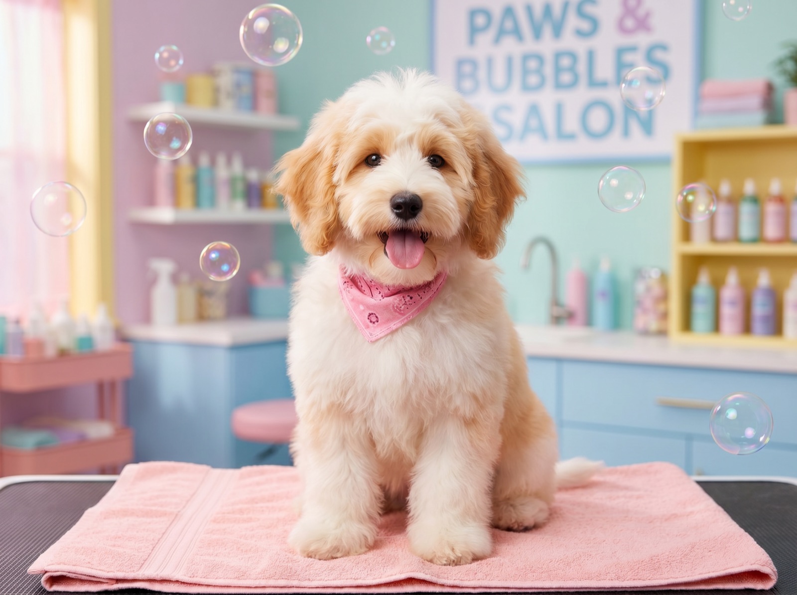 Freshly groomed fluffy dog wearing a pink bandana, sitting on a towel