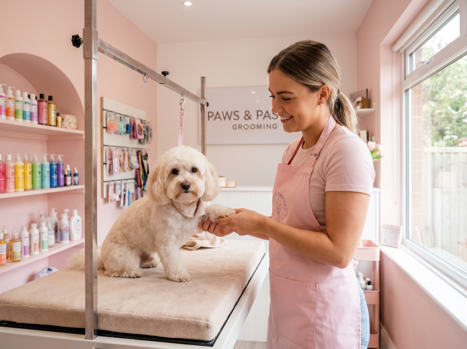 Small dog calmly getting a paw and nail trim from a groomer