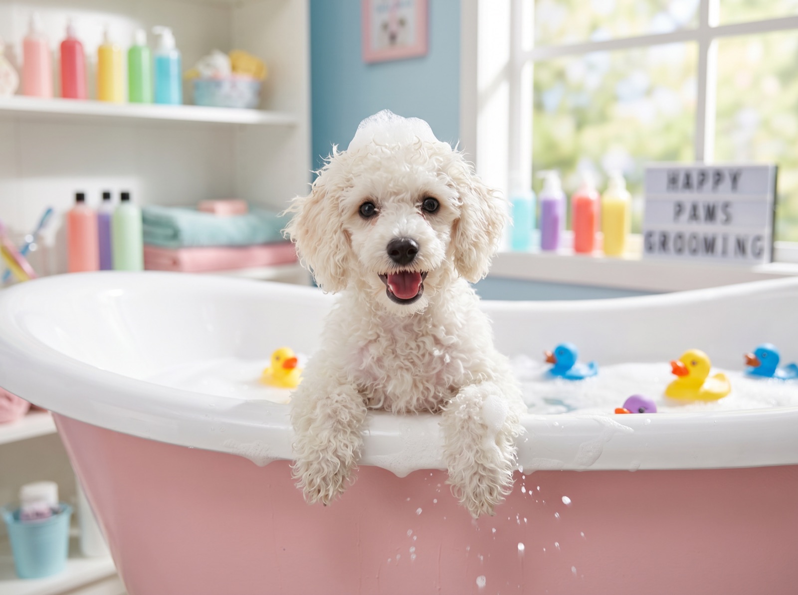 Fluffy white poodle puppy playfully peeking over a bubbly pink bathtub