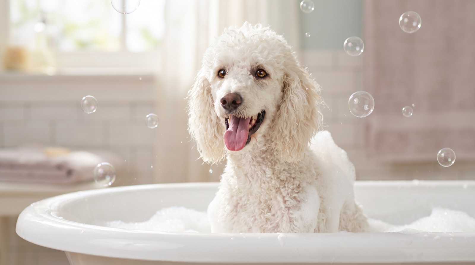 A fluffy white poodle covered in bubbles, smiling happily during a bath
